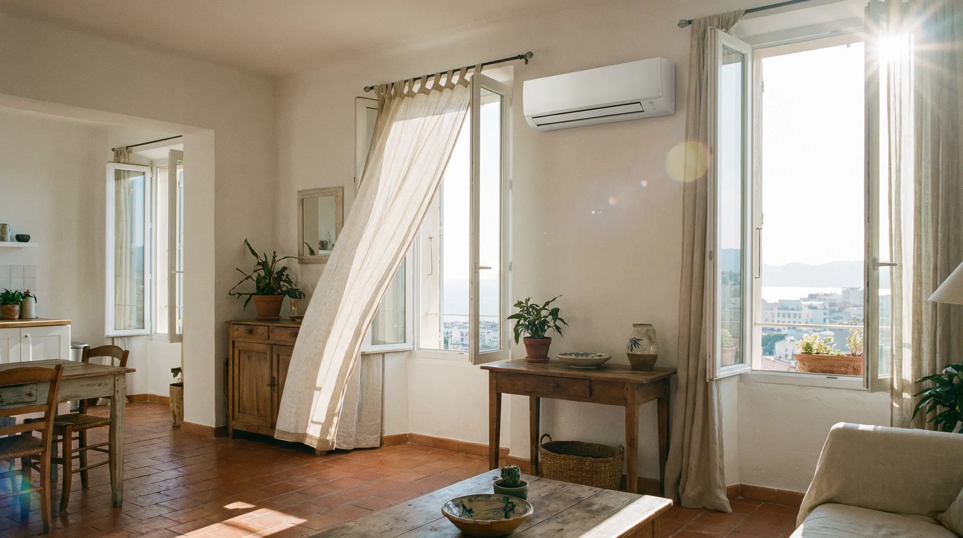 Climatisation réversible dans un salon lumineux à Marseille avec vue sur la ville