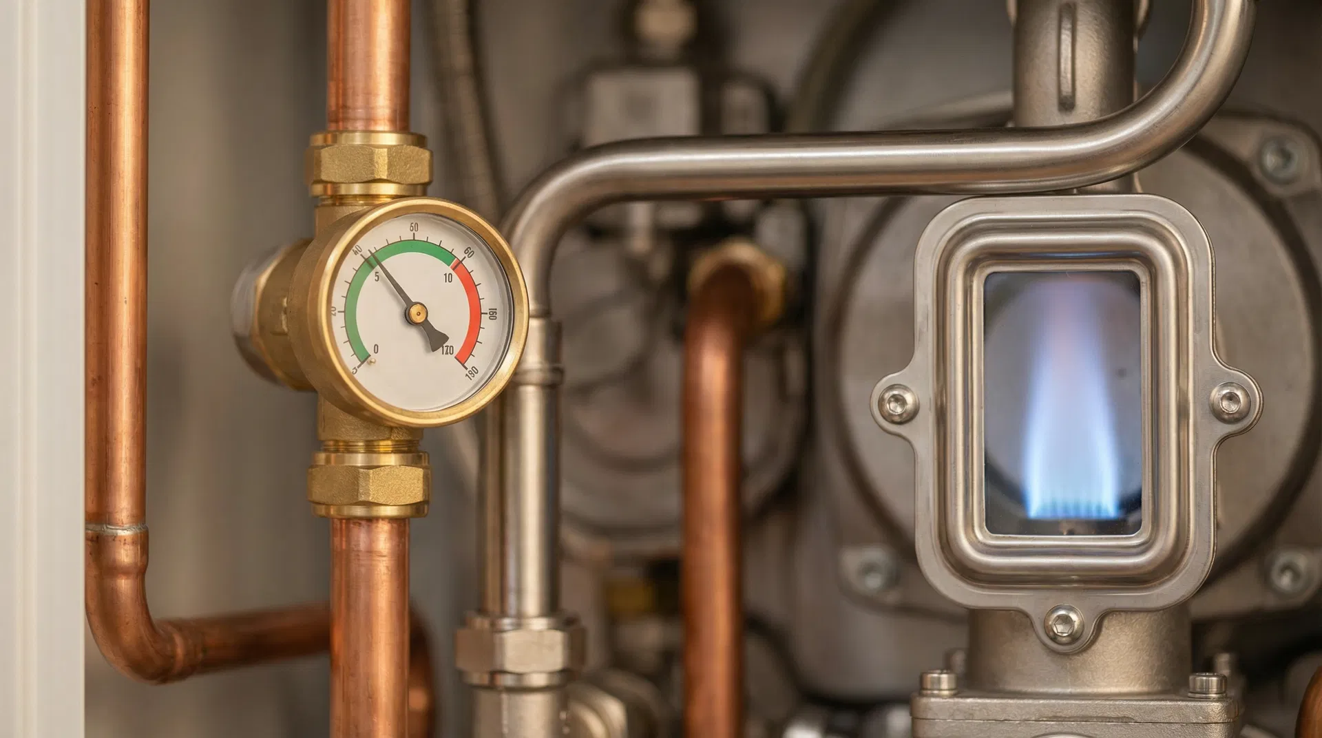 Détail intérieur d'une chaudière gaz avec manomètre et flamme bleue