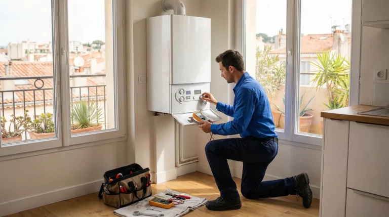 Technicien chauffagiste effectuant l'entretien d'une chaudière gaz à Marseille