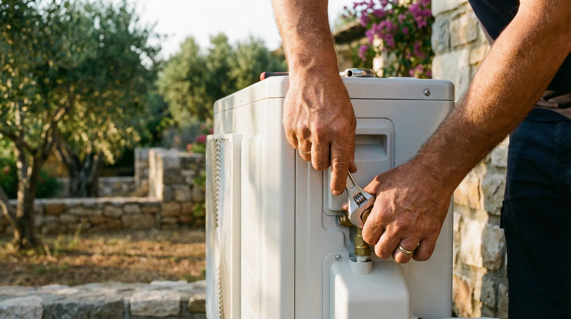 Technicien installant une pompe à chaleur dans un jardin méditerranéen à Marseille